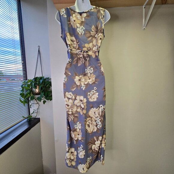 Vintage 90s Y2K Fairy Romantic Babydoll Sheer Floral Maxi Dress Blue Sleeveless - Picture 2 of 14
